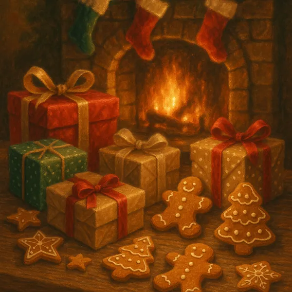 This online jigsaw puzzle features a cozy holiday scene perfect for browser play, centered on festive gifts and gingerbread treats by a roaring fireplace.