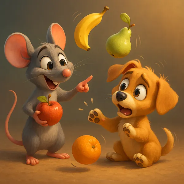 Discover a puzzle with an adorable cartoon mouse and puppy playfully juggling colorful fruit — a bright red apple, sunny banana, green pear, and a cheerful oran