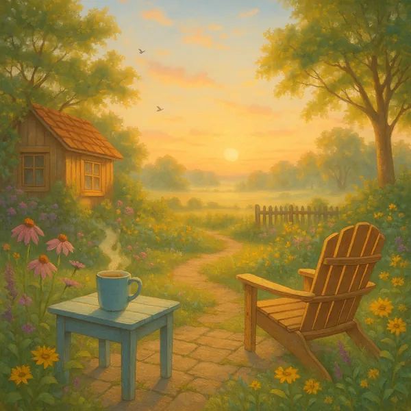 Enjoy an online jigsaw puzzle designed for browser play, featuring a tranquil countryside morning scene that blends nature and cozy cottage charm.