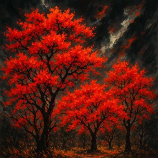 Discover a puzzle with a dramatic autumn forest scene where three majestic trees burst with fiery red leaves against a brooding, stormy sky.