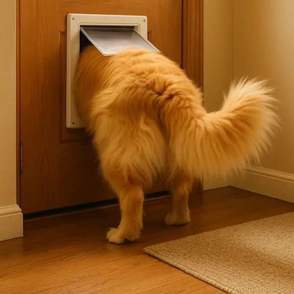 Enjoy assembling a puzzle depicting a fluffy ginger cat halfway through a pet door, its voluminous tail and soft fur glowing in warm golden tones against a hone