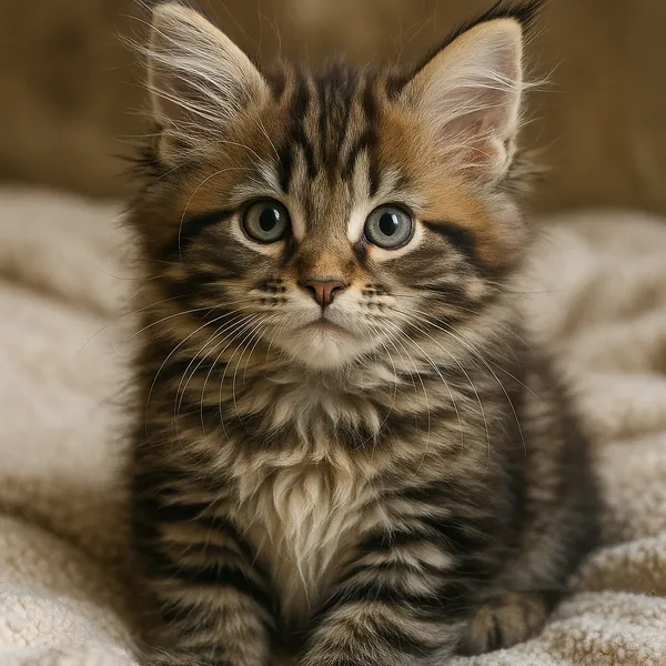 Discover a puzzle with an adorable fluffy tabby kitten gazing straight at you — warm browns, soft creams, and subtle gray stripes create a cozy, intimate compos