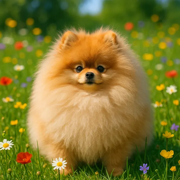 Enjoy assembling a puzzle depicting an adorable fluffy Pomeranian sitting in a sunlit wildflower meadow.