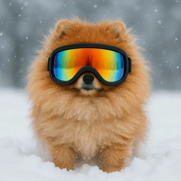 Discover a puzzle with an adorable fluffy Pomeranian standing in fresh snow while wearing reflective, rainbow-tinted ski goggles.