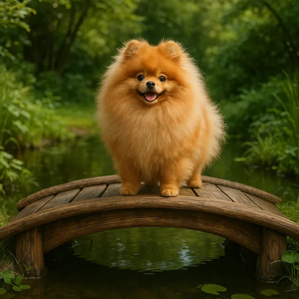 Discover a puzzle with an adorable fluffy Pomeranian standing proudly on a small wooden bridge over a calm woodland stream.