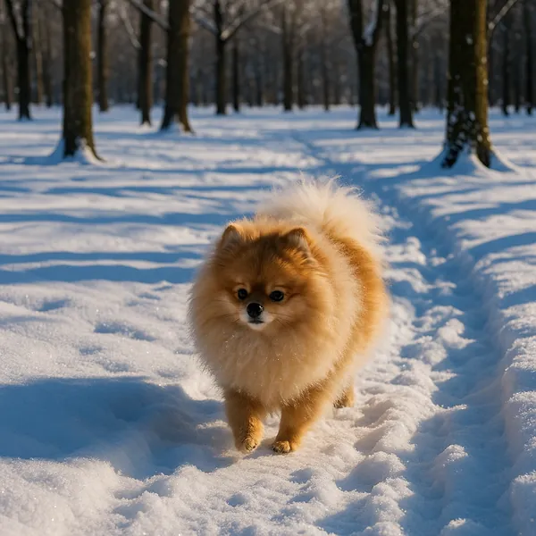 Discover a puzzle featuring a fluffy Pomeranian trotting along a snow-covered path through a quiet winter forest.