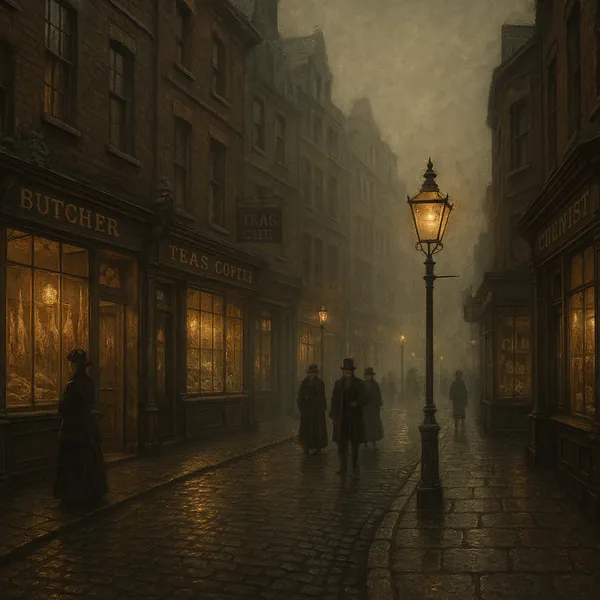 Discover a puzzle with a moody Victorian street scene bathed in warm amber light from gas lamps and shop windows.