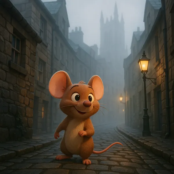 Discover a puzzle with a charming cartoon mouse exploring a foggy, cobblestone street lined with old stone buildings and warm lantern light.