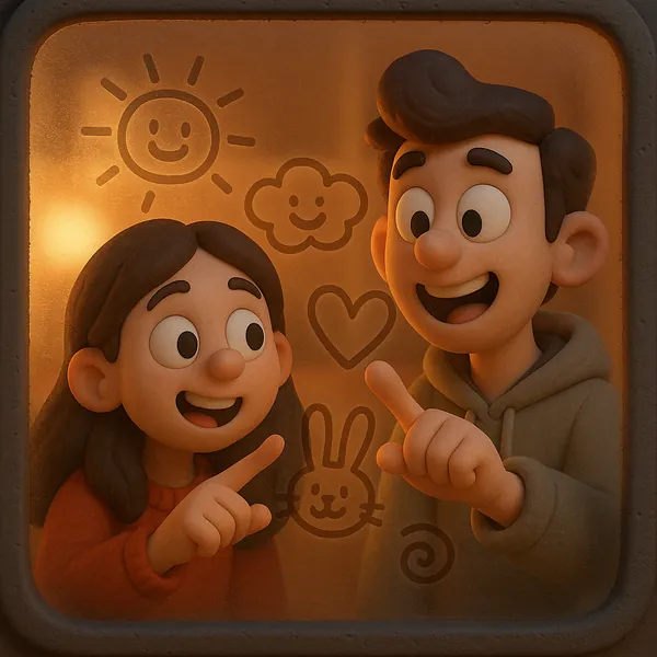 Enjoy assembling a puzzle depicting two cheerful cartoon friends drawing happy doodles on a foggy window.