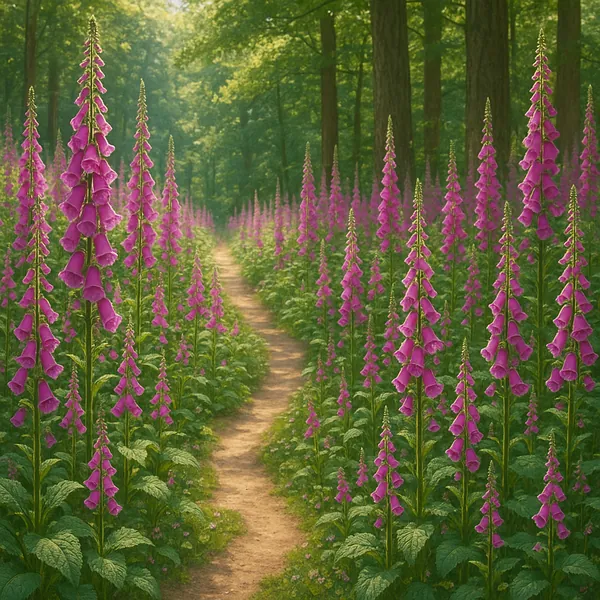 Discover a puzzle with a sun-dappled forest path lined by tall pink foxgloves.