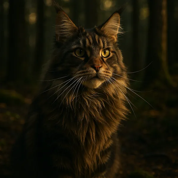 Discover a puzzle with a majestic long-haired cat sitting in a shadowy forest, its golden eyes and whiskers catching warm, late-afternoon light.