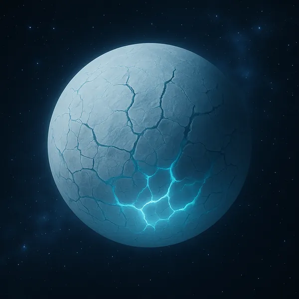 Discover a puzzle with a frozen, cracked planet set against a glittering star field — an icy blue globe with deep fissures glowing a soft cyan.