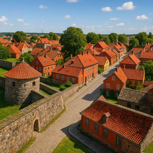 Discover a puzzle with a charming aerial view of a historic town lined with warm terracotta roofs, cobblestone streets, and sturdy stone walls.