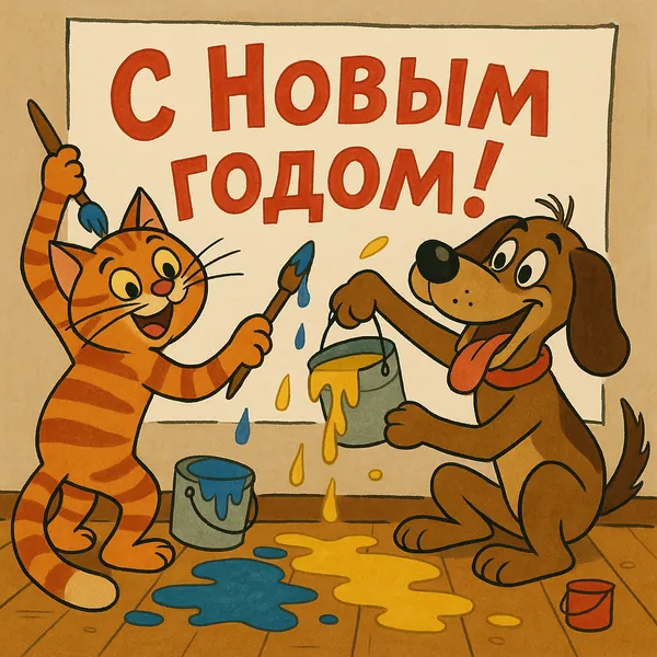 Discover a puzzle with a cheerful retro cartoon of a striped orange cat and a brown dog painting a festive New Year sign in bright, warm colors.