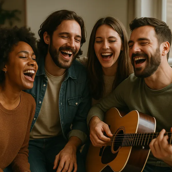 Enjoy an online jigsaw puzzle designed for browser play, featuring a warm scene of friends gathered for music and laughter — a pleasant people-and-music themed