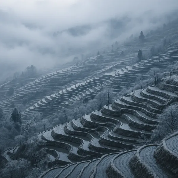 Discover a puzzle with misty mountain terraces carved into rolling hills — a serene scene of layered rice paddies veiled in cool blue-gray fog.