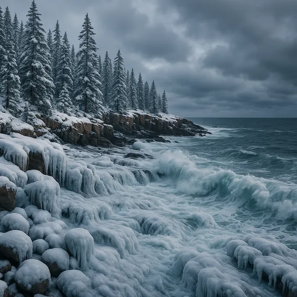 Enjoy an online jigsaw puzzle designed for browser play, featuring a dramatic winter seascape and rugged coastal nature.