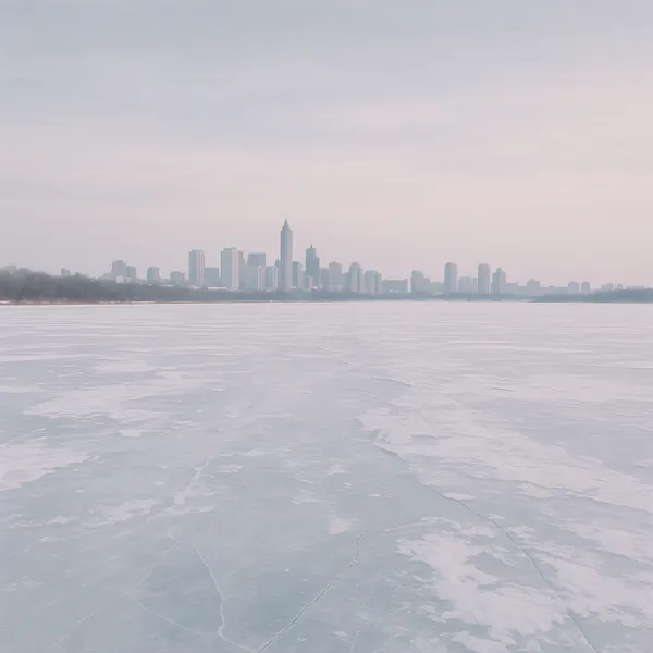 Discover a puzzle with a serene winter city skyline seen across a vast frozen lake, where soft pastel blues and pale pinks blend into a gentle, misty horizon.
