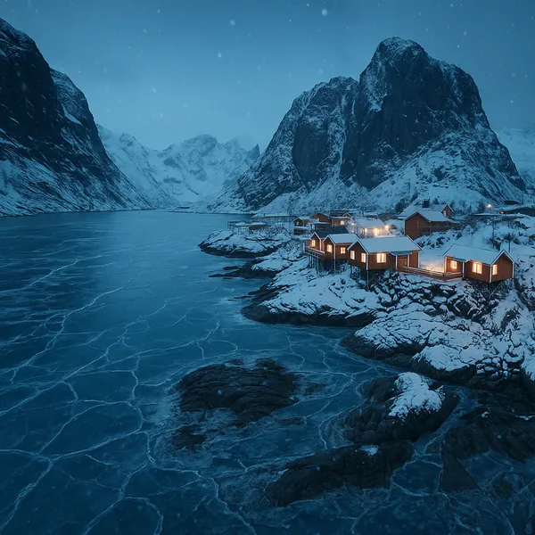 Discover a puzzle with a tranquil Arctic fjord scene where warm-lit red cabins cling to snow-dusted rocks beneath towering, ice-covered mountains.