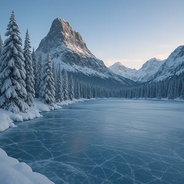Enjoy an online jigsaw puzzle designed for browser play, featuring a serene winter landscape of snow-draped pines, a glassy frozen lake, and towering mountain p