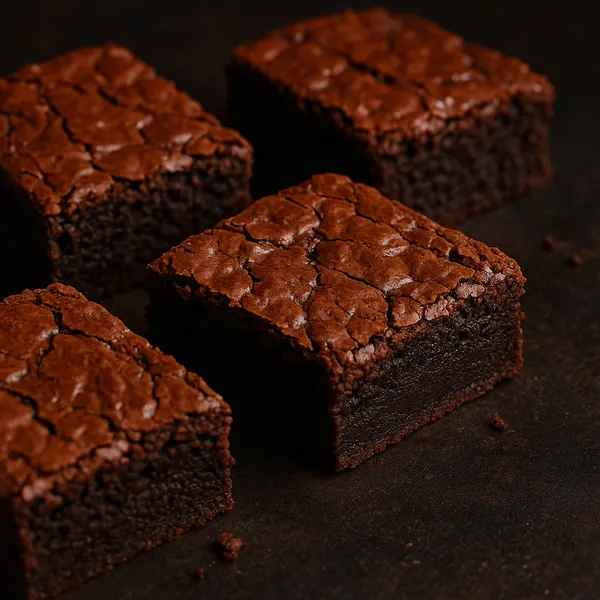 Discover a puzzle with four decadent chocolate brownies artfully arranged on a dark, rustic surface.