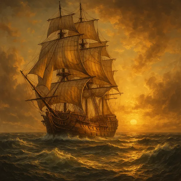 Discover a puzzle with a majestic tall ship sailing into a golden sunset, its billowing sails and intricate rigging bathed in warm amber light.