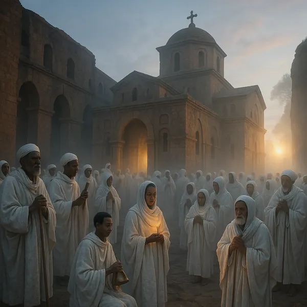 Discover a puzzle with a misty dawn scene of an ancient stone church courtyard, where a reverent crowd in white robes gathers beneath warm amber light spilling