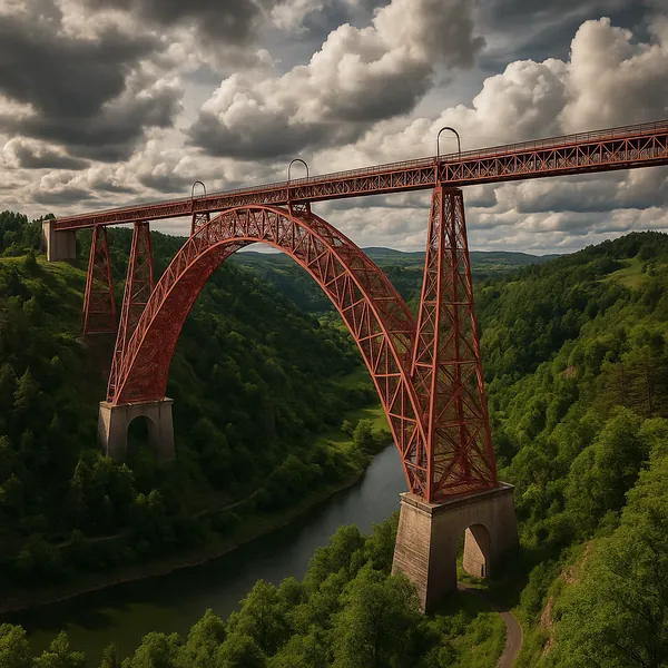 Discover a puzzle with a striking red iron arch bridge spanning a lush green valley above a winding river, captured under a dramatic sky of billowing gray cloud