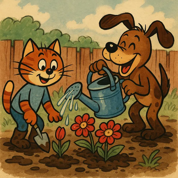 Discover a puzzle with an adorable cartoon scene of a cheerful orange cat and a laughing brown dog gardening together, watering bright red flowers against a war