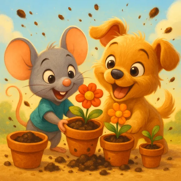 Enjoy assembling a puzzle depicting a cheerful little mouse and a puppy planting bright orange and red flowers in terracotta pots under a sunny, sky-blue spring