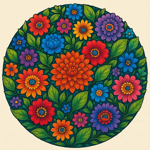 Enjoy an online jigsaw puzzle designed for browser play, featuring a vibrant floral mandala rich with colorful blossoms and leafy greenery.