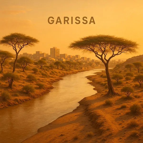 Discover a puzzle with a golden riverside scene titled "Garissa," where a gently winding river cuts through sunlit sandy banks dotted with graceful acacia trees
