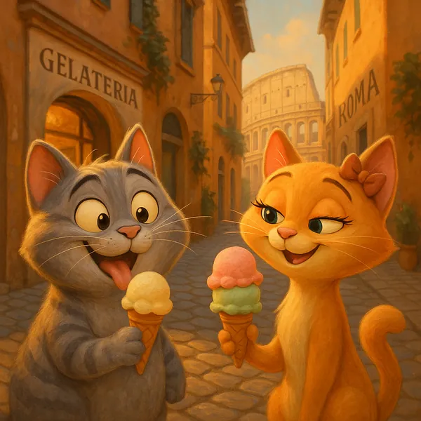 Discover a puzzle with two charming cartoon cats enjoying gelato on a sunlit cobblestone street in Rome.