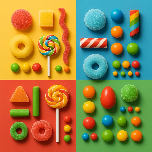 Enjoy an online jigsaw puzzle designed for browser play, featuring a vibrant candy-themed still life.
