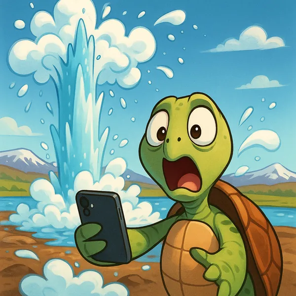 Discover a puzzle with a surprised cartoon turtle holding a smartphone as a playful geyser erupts behind it — a bright, colorful scene full of blues, greens, an