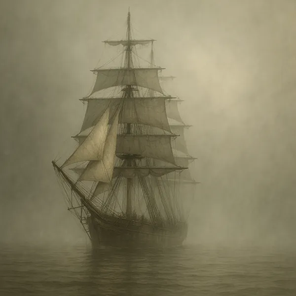 Discover a puzzle with a majestic vintage sailing ship emerging from soft, enveloping fog.