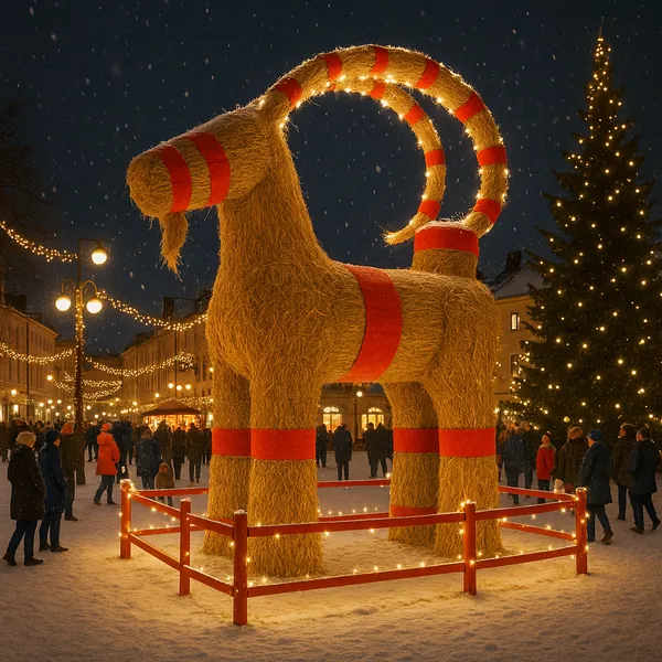 Discover a puzzle with a towering straw goat dressed in bright red bands, standing in a snowy town square under a deep blue evening sky.