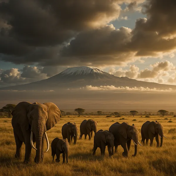Discover a puzzle with a majestic herd of elephants strolling across golden savanna grasses under a dramatic sky, with a snow-capped mountain rising in the dist