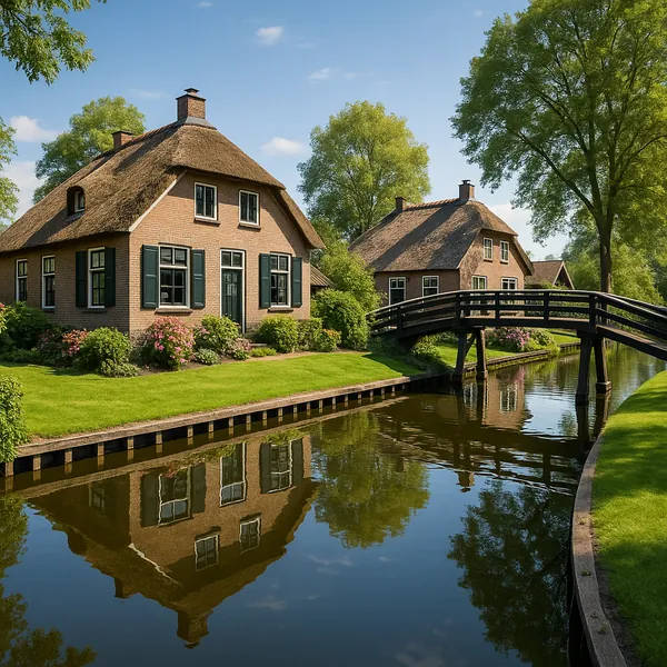 Discover a puzzle with a peaceful canal-side village scene on PuzzleFree.Game, featuring charming thatched-roof cottages and a graceful wooden bridge reflected