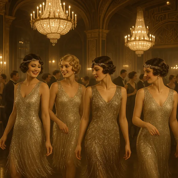 Discover a puzzle with four elegant flapper dancers in shimmering gold gowns walking through a grand, chandelier-lit ballroom.