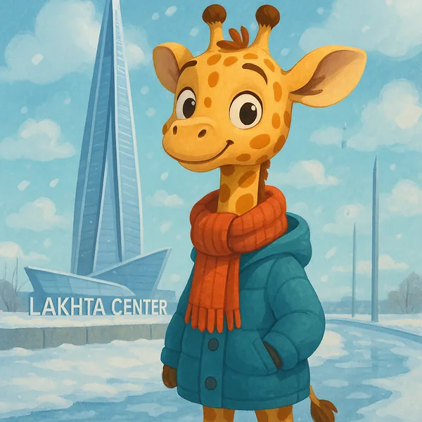 Try solving a puzzle that shows a cheerful cartoon giraffe bundled in a teal winter coat and a bright orange scarf standing in a snowy cityscape by the sleek La