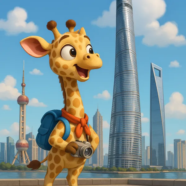 Discover a puzzle with a cheerful cartoon giraffe tourist holding a camera and wearing a blue backpack and red scarf against a modern city skyline.