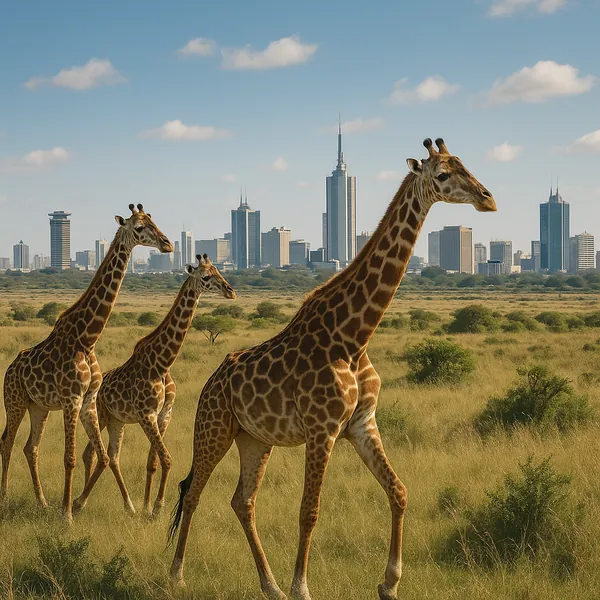 Discover a puzzle with three graceful giraffes strolling across a sunlit savanna with a distant city skyline on the horizon.