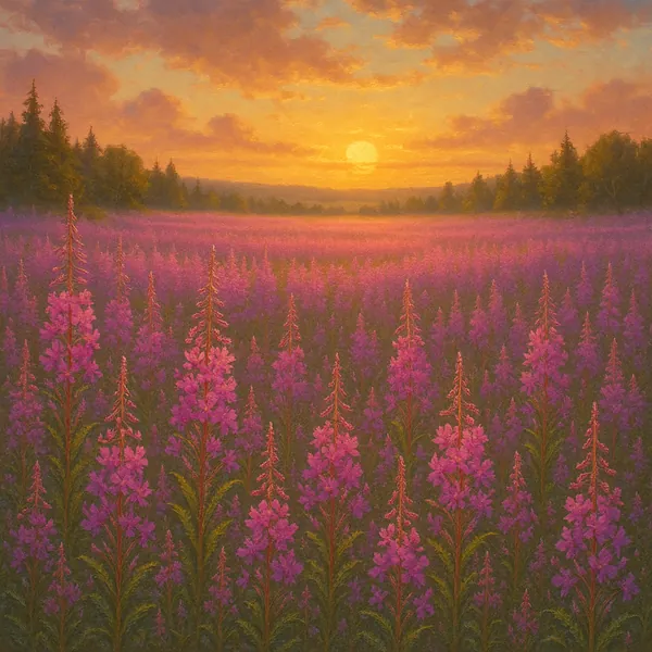 Discover a puzzle with a sunlit wildflower meadow at sunset, where tall purple-pink blooms stretch toward a warm golden sky and a distant tree-lined horizon.