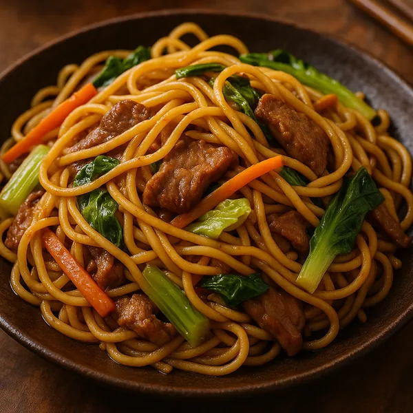 Enjoy an online jigsaw puzzle designed for browser play, featuring a close-up of a steaming plate of Asian-style noodles and savory stir-fry — a delightful food