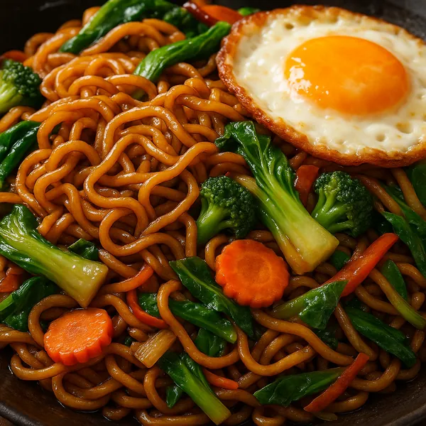 Enjoy assembling a puzzle depicting a close-up of savory stir-fried noodles topped with a golden fried egg and bright vegetables.