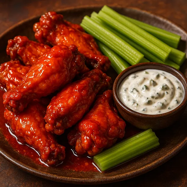 Try solving a puzzle that shows a mouthwatering plate of saucy buffalo chicken wings glazed in glossy red hot sauce, arranged beside crisp green celery sticks a