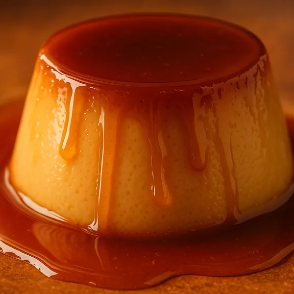 Discover a puzzle with a close-up of a glossy caramel flan: warm amber and golden tones, silky caramel sauce slowly dripping down a smooth, creamy custard.