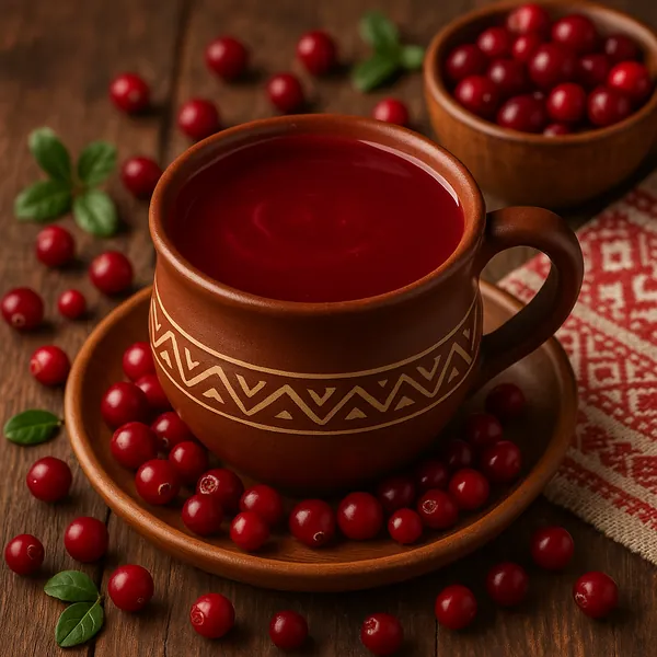 Try solving a puzzle that shows a rustic brown ceramic mug filled with deep red cranberry drink, surrounded by glossy cranberries and a few green leaves on a wa
