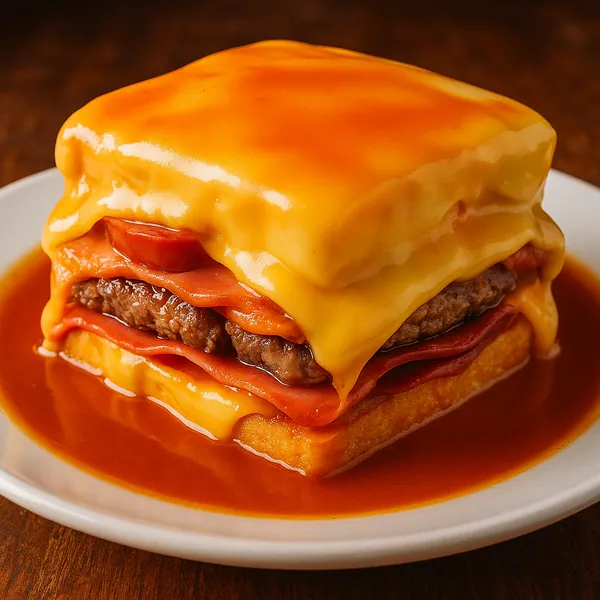 Enjoy an online jigsaw puzzle designed for browser play, featuring a tempting food close-up of a saucy, cheese-drenched sandwich.